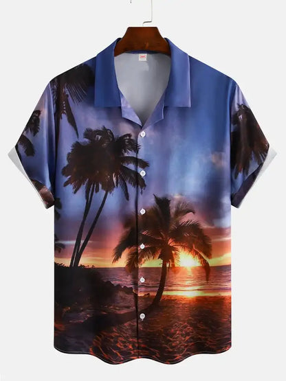 Men’s 3D Hawaiian Shirt for Summer – Coconut Tree Sunset Print Short Sleeve Beach Top - Perfect Gift for Him