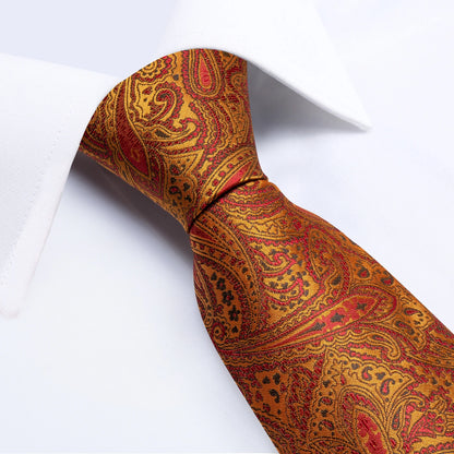 Luxury Orange Paisley Men's Tie Set for Business, Office, Party, Wedding| 3.15 Inch Silk Polyester Necktie, Cufflinks & Pocket Square - Perfect Gift for Him