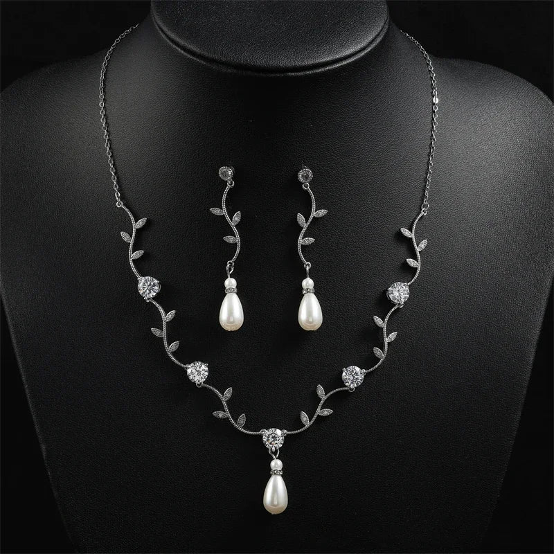 Women's Wedding Accessories Uilz Leaf Earrings & Necklace with Zircon Embellishments - Perfect Gift for Women