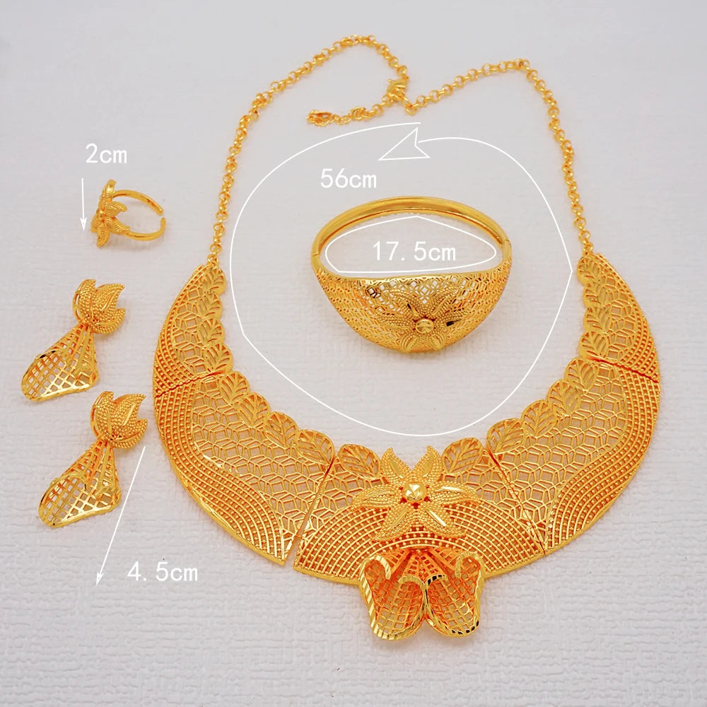 African Indian Gold Jewelry Set for Women – Dubai Style Bridal Tassel Long Necklace, Earrings, Ring & Bangle - Ideal Gift for Her