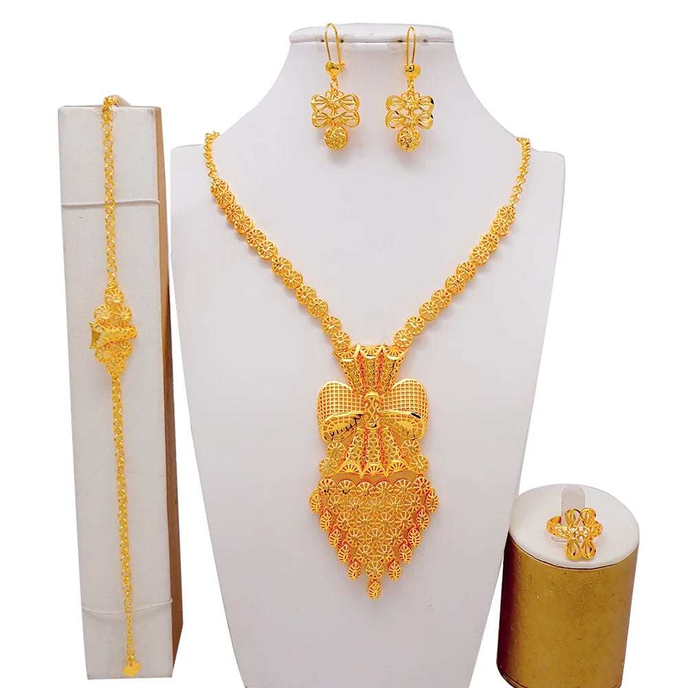 African Indian Gold Jewelry Set for Women – Dubai Style Bridal Tassel Long Necklace, Earrings, Ring & Bangle - Ideal Gift for Her