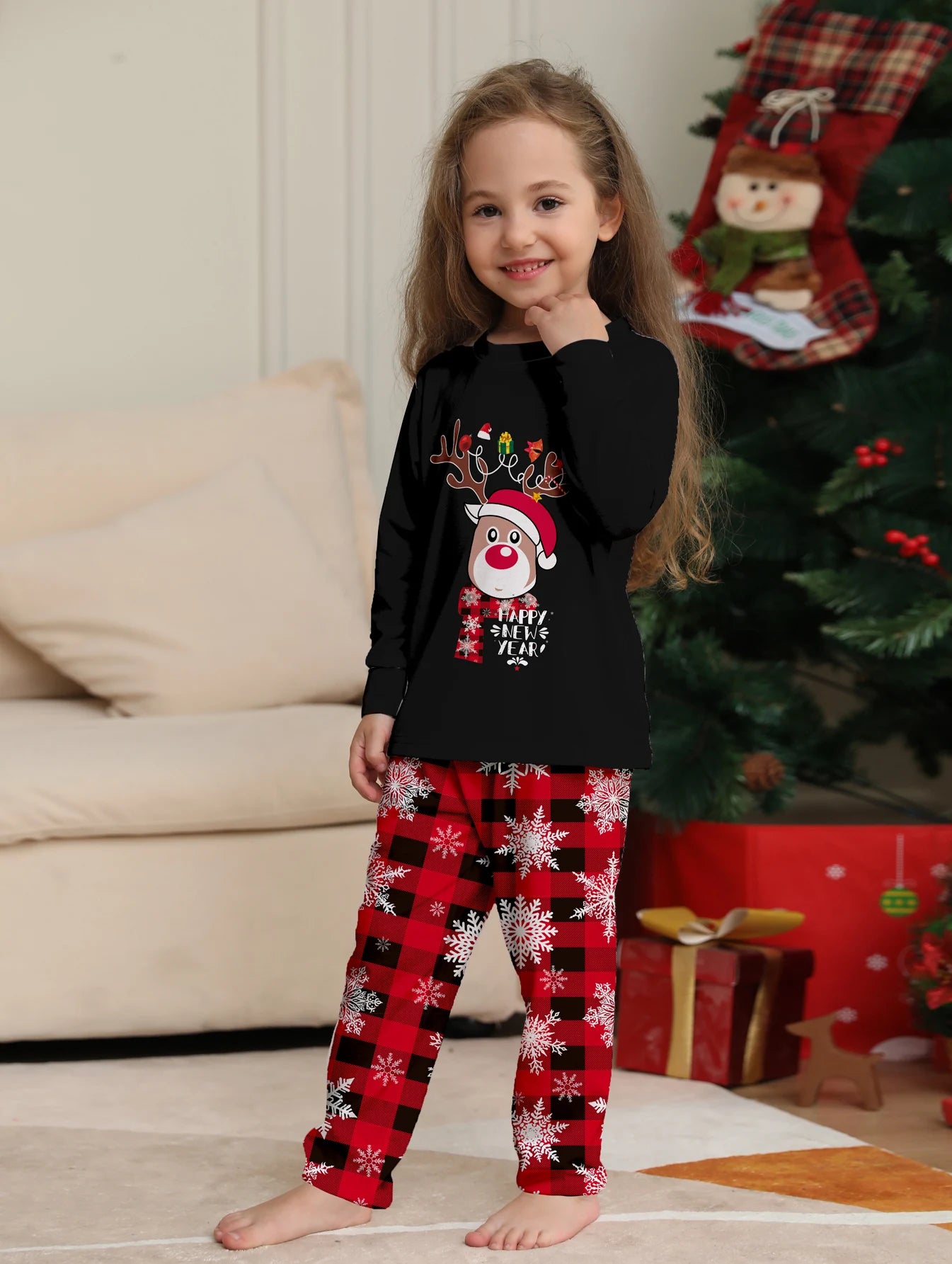 Matching Family Christmas Pajamas Set – Snug, Colorful Letter Print Top & Plaid Bottom Jammies