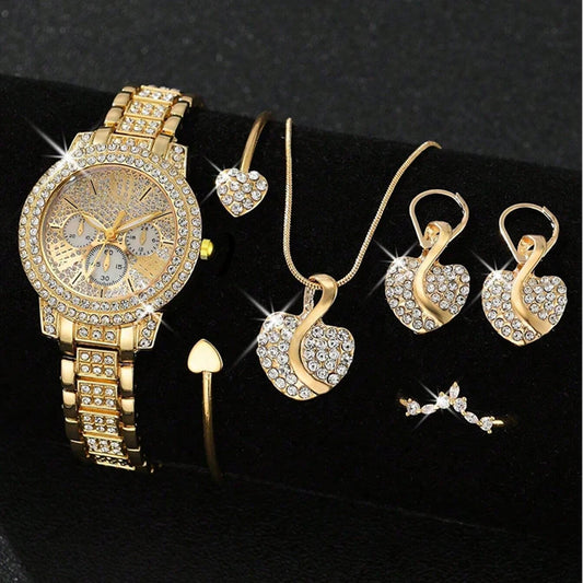 Elegant Ladies Rhinestone Watch and Jewelry Set – Gold Quartz Wristwatch with Necklace, Earrings & Ring For Wedding, Party - Perfect Gift for Women
