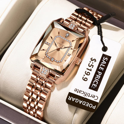 Luxury Rectangle Stainless Steel Women’s Wristwatch | POEDAGAR Waterproof Quartz Watch with Date Display | Ideal Gift for Her