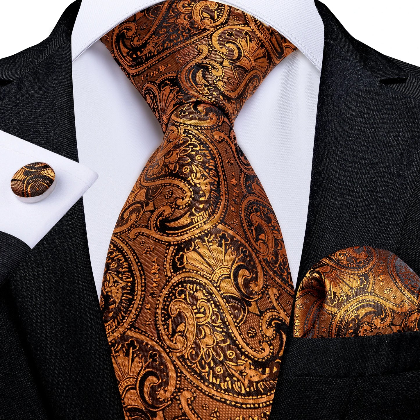 Luxury Orange Paisley Men's Tie Set for Business, Office, Party, Wedding| 3.15 Inch Silk Polyester Necktie, Cufflinks & Pocket Square - Perfect Gift for Him