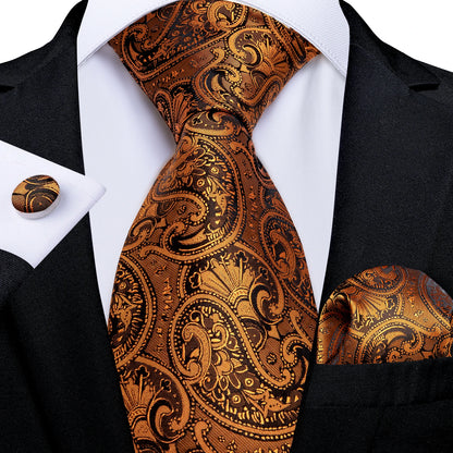 Luxury Orange Paisley Men's Tie Set for Business, Office, Party, Wedding| 3.15 Inch Silk Polyester Necktie, Cufflinks & Pocket Square - Perfect Gift for Him