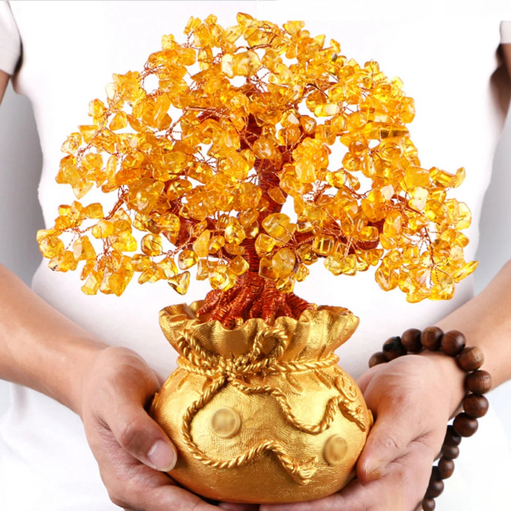 Natural Crystal Shaking Money Tree Desktop Ornament - Prosperity, Luck Enhancing Golden Money Bag Decoration for Desktop, Office, or Christmas - Ideal Gift for Friends & Family
