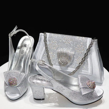 Women’s Wedding Shoes & Matching Diamond Bag Set – Italian Style Girly Glam Look Sandal & Clutch Handbag - Elegant Gift for Her