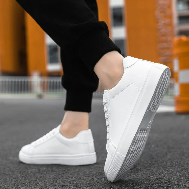 Hot Men’s Fashion Sneakers – Stylish Leather Flat Shoes for Everyday Comfort, White & Black Non-Slip Vulcanized Design - Gift for Him