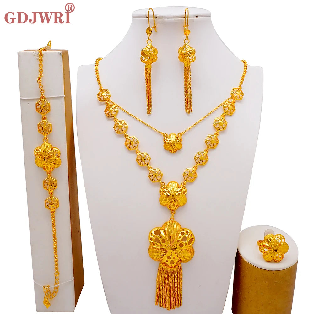 African Indian Gold Jewelry Set for Women – Dubai Style Bridal Tassel Long Necklace, Earrings, Ring & Bangle - Ideal Gift for Her