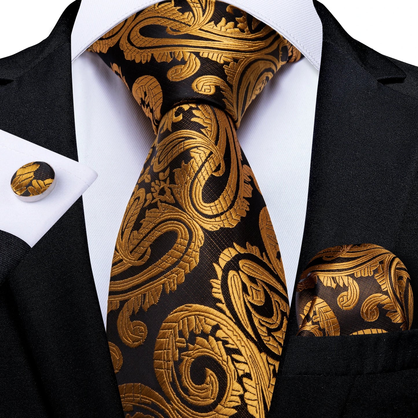 Luxury Orange Paisley Men's Tie Set for Business, Office, Party, Wedding| 3.15 Inch Silk Polyester Necktie, Cufflinks & Pocket Square - Perfect Gift for Him