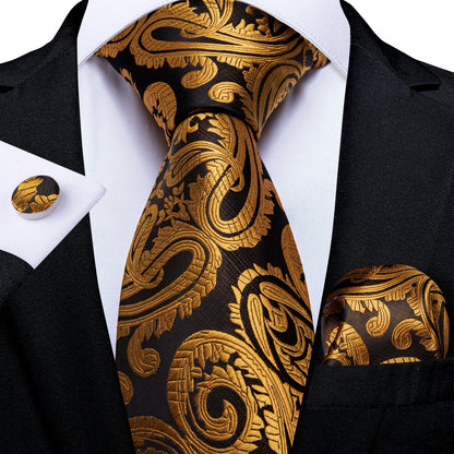 Luxury Orange Paisley Men's Tie Set for Business, Office, Party, Wedding| 3.15 Inch Silk Polyester Necktie, Cufflinks & Pocket Square - Perfect Gift for Him