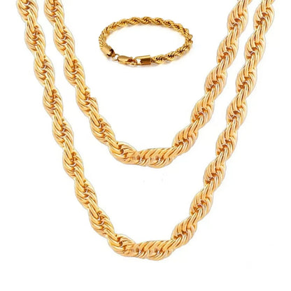 Two pieces New Fashion 18K gold 4mm twisted rope chain  necklace bracelets for men, women - Perfect gift for all occasions & Party - Elegant gift for all