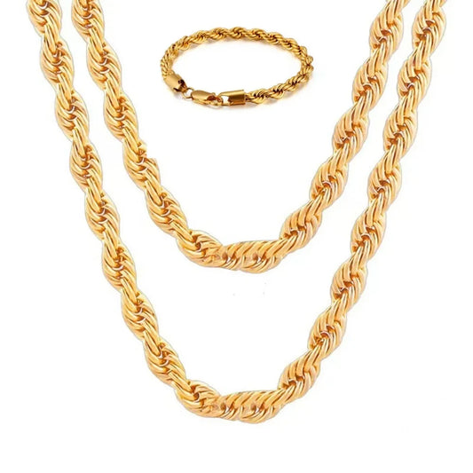 Two pieces New Fashion 18K gold 4mm twisted rope chain  necklace bracelets for men, women - Perfect gift for all occasions & Party - Elegant gift for all