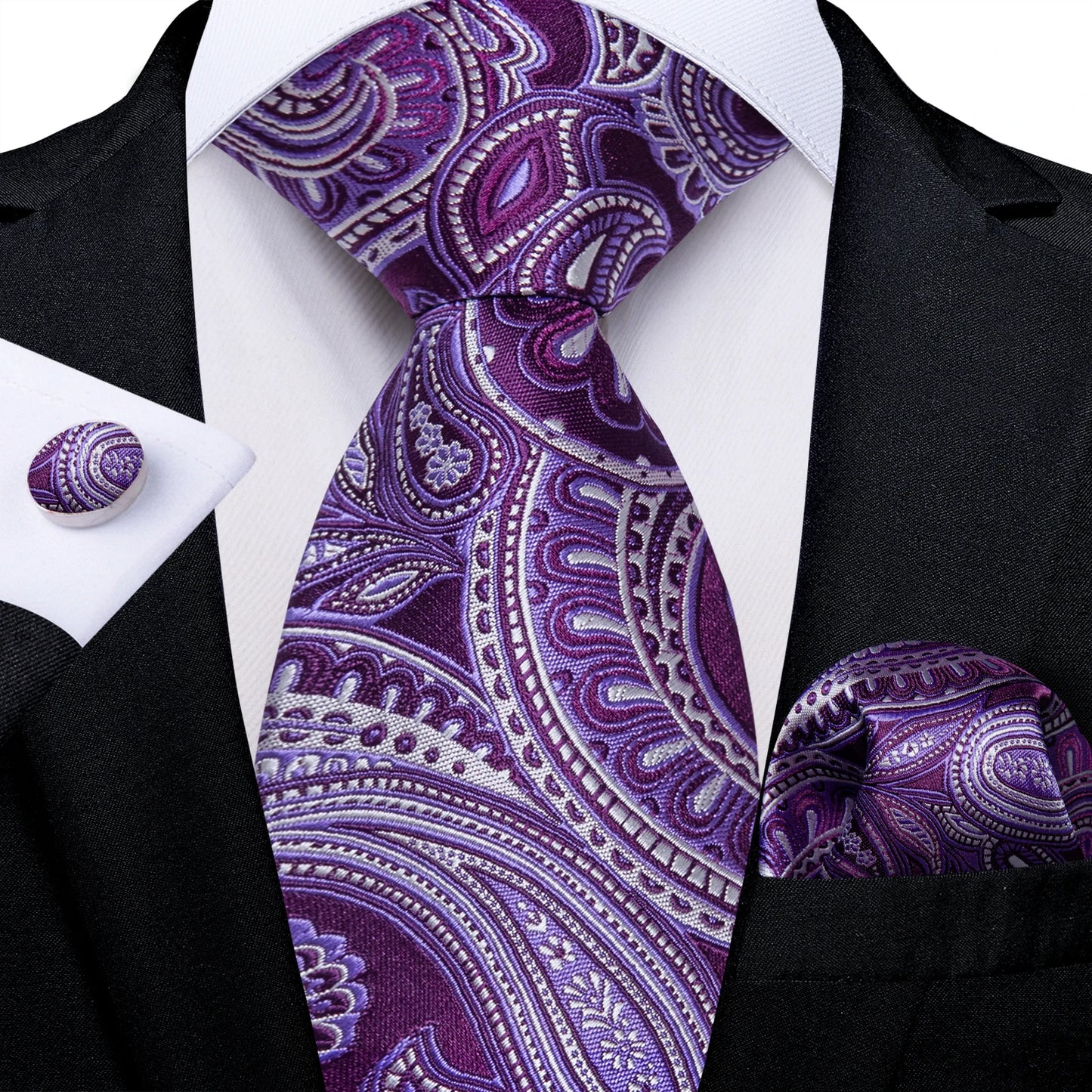 Luxury Orange Paisley Men's Tie Set for Business, Office, Party, Wedding| 3.15 Inch Silk Polyester Necktie, Cufflinks & Pocket Square - Perfect Gift for Him