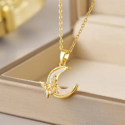 Zircon Inlaid Stainless Steel Choker Necklace for Women - Flower Butterfly Moon Design Pendant Tassel Clavicle Jewelry - Perfect Gift for Her
