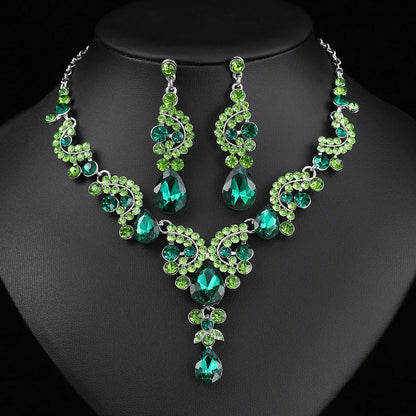 Women's 2pcs Rhinestone Waterdrop Jewelry Set – Blue Red Green White Champagne Pendant Necklace and Earrings for Bride or Special Occasions - Elegant Gift For Her