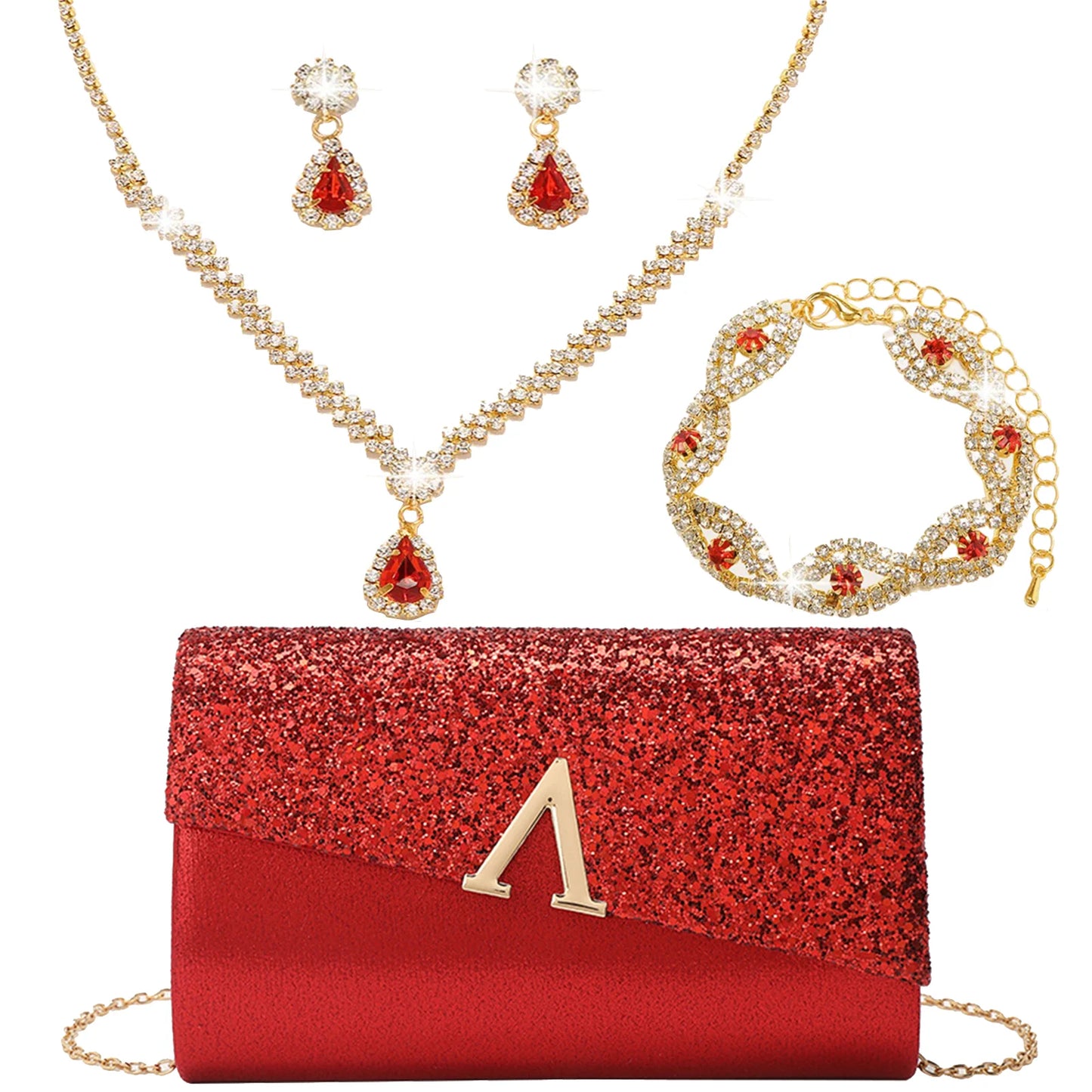 4PCS Evening Purse and Jewelry Set for Women – Glitter Clutch with Matching Necklace, Earrings & Bracelet for Banquet or Bridal Events - Elegant Gift for Her