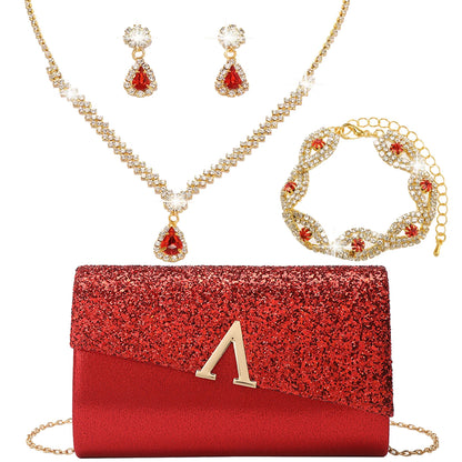 4PCS Evening Purse and Jewelry Set for Women – Glitter Clutch with Matching Necklace, Earrings & Bracelet for Banquet or Bridal Events - Elegant Gift for Her