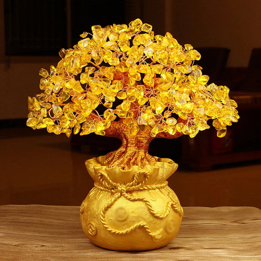 Natural Crystal Shaking Money Tree Desktop Ornament - Golden Money Bag Decoration for Desktop, Office, or Christmas 