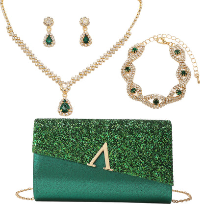 4PCS Evening Purse and Jewelry Set for Women – Glitter Clutch with Matching Necklace, Earrings & Bracelet for Banquet or Bridal Events - Elegant Gift for Her