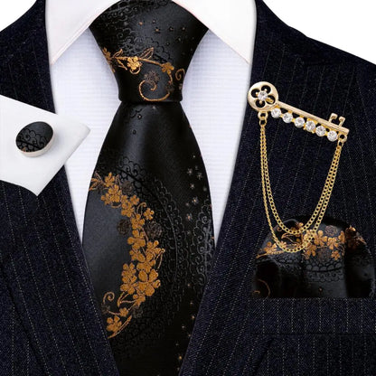 Luxury Floral Paisley Gold Black Silk Tie, Hanky, Cufflinks & Brooch Set - Men's Jacquard Necktie & Accessories for Business, Formal or Wedding - Ideal Gift for Him