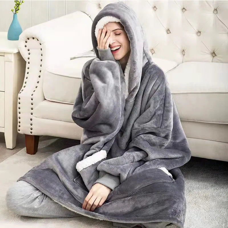 Wearable Blanket Hoodie, Flannel Sherpa Fleece Blanket Sweatshirt for Adults Women, Men, One Size Fits All
