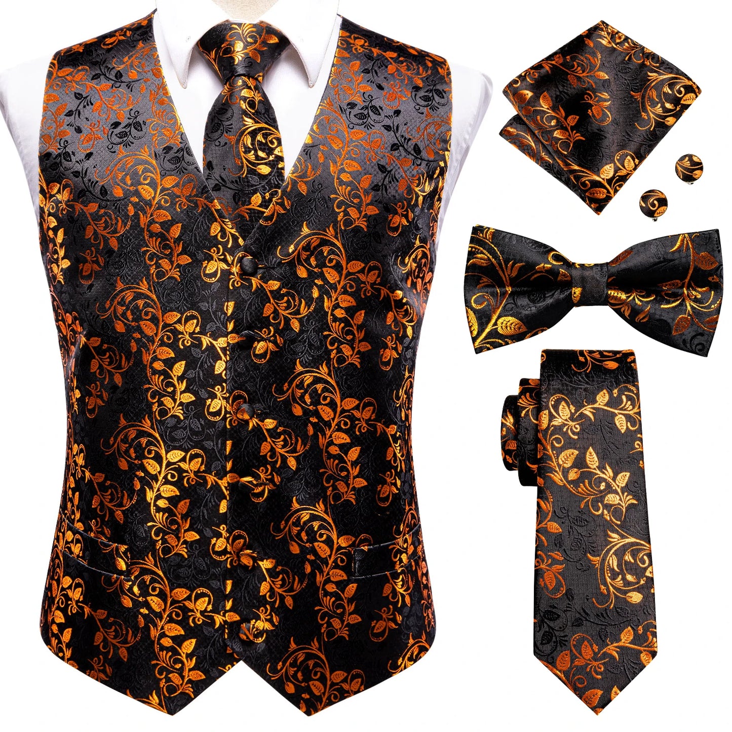 Elegant Men's Formal Silk Vest & Accessories By Hi-Tie | Waistcoat Set with Tie, Bowtie, Hanky, Cufflinks for Business, Office, Party, Wedding - Ideal Gift for Him