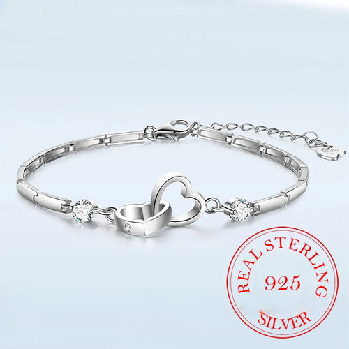 925 Sterling Silver Double Heart Bracelet | Women’s Charm Jewelry,  Cubic Zircon Bangle - Valentine’s Day Gift for Her