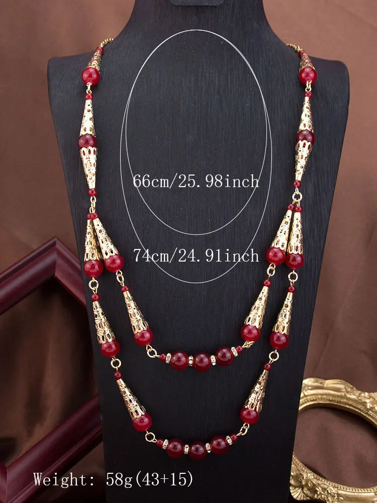 Sunspicems Long Double Layered Bead Chain Necklace for Women Gold Color Arabic Bridal Jewelry & Middle East Caftan Neck Chain