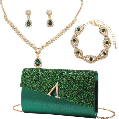 4PCS Evening Purse and Jewelry Set for Women – Glitter Clutch with Matching Necklace, Earrings & Bracelet for Banquet or Bridal Events - Elegant Gift for Her