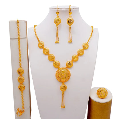 African Indian Gold Jewelry Set for Women – Dubai Style Bridal Tassel Long Necklace, Earrings, Ring & Bangle - Ideal Gift for Her