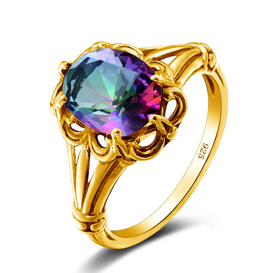 Handmade Mystic Topaz Gemstones  Gold Ring – High Quality, 8*10mm Oval Stone Women’s Trending Jewelry For Birthday, Party, Daily Wear 