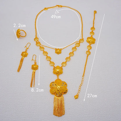 African Indian Gold Jewelry Set for Women – Dubai Style Bridal Tassel Long Necklace, Earrings, Ring & Bangle - Ideal Gift for Her