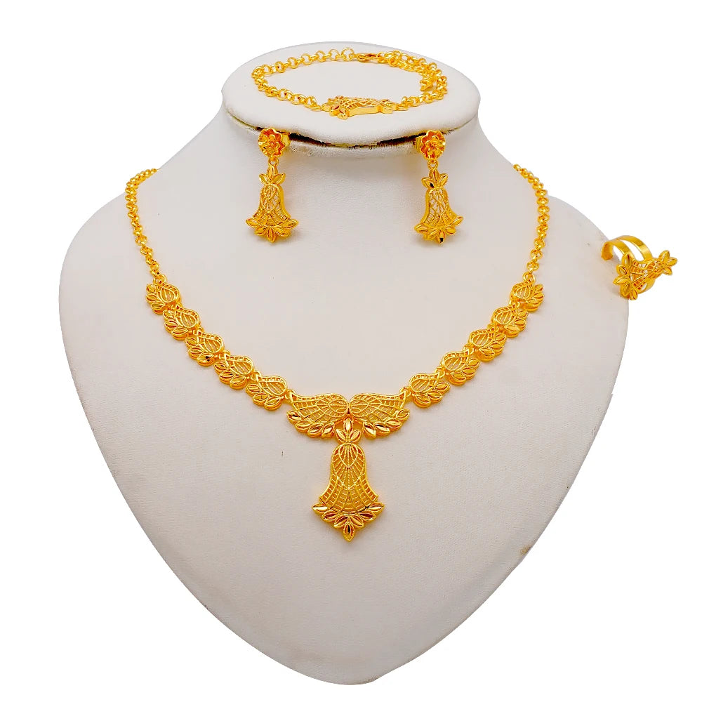 African Indian Gold Jewelry Set for Women – Dubai Style Bridal Tassel Long Necklace, Earrings, Ring & Bangle - Ideal Gift for Her