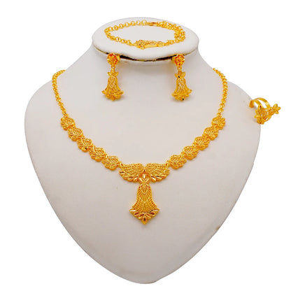 African Indian Gold Jewelry Set for Women – Dubai Style Bridal Tassel Long Necklace, Earrings, Ring & Bangle - Ideal Gift for Her