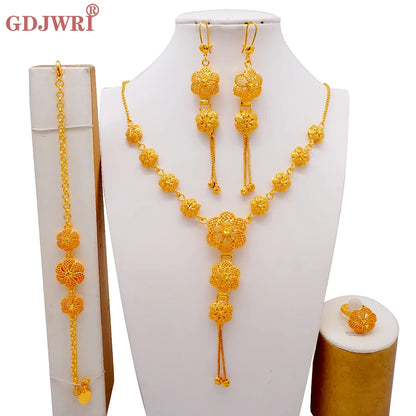 African Indian Gold Jewelry Set for Women – Dubai Style Bridal Tassel Long Necklace, Earrings, Ring & Bangle - Ideal Gift for Her