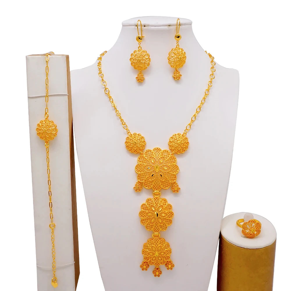 African Indian Gold Jewelry Set for Women – Dubai Style Bridal Tassel Long Necklace, Earrings, Ring & Bangle - Ideal Gift for Her