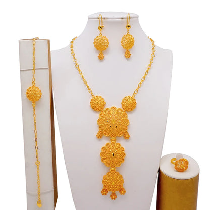 African Indian Gold Jewelry Set for Women – Dubai Style Bridal Tassel Long Necklace, Earrings, Ring & Bangle - Ideal Gift for Her