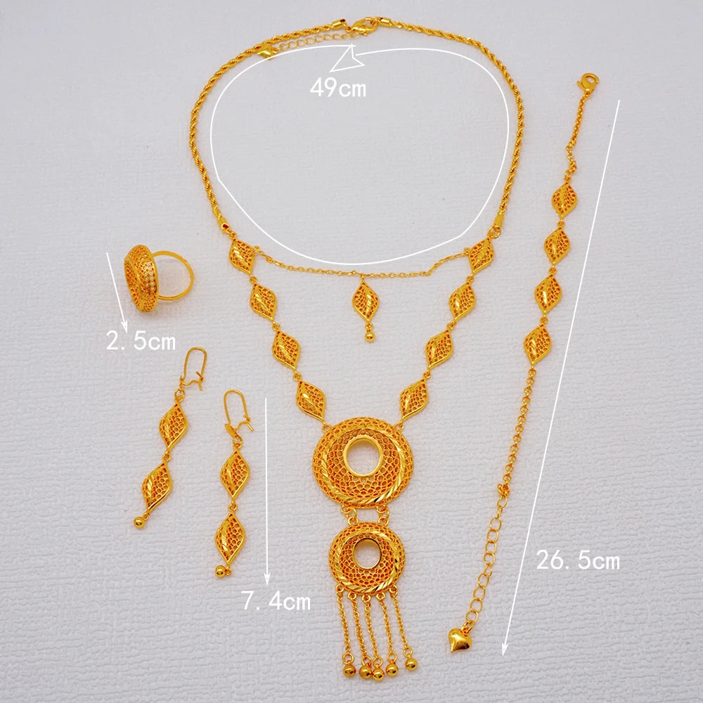 African Indian Gold Jewelry Set for Women – Dubai Style Bridal Tassel Long Necklace, Earrings, Ring & Bangle - Ideal Gift for Her