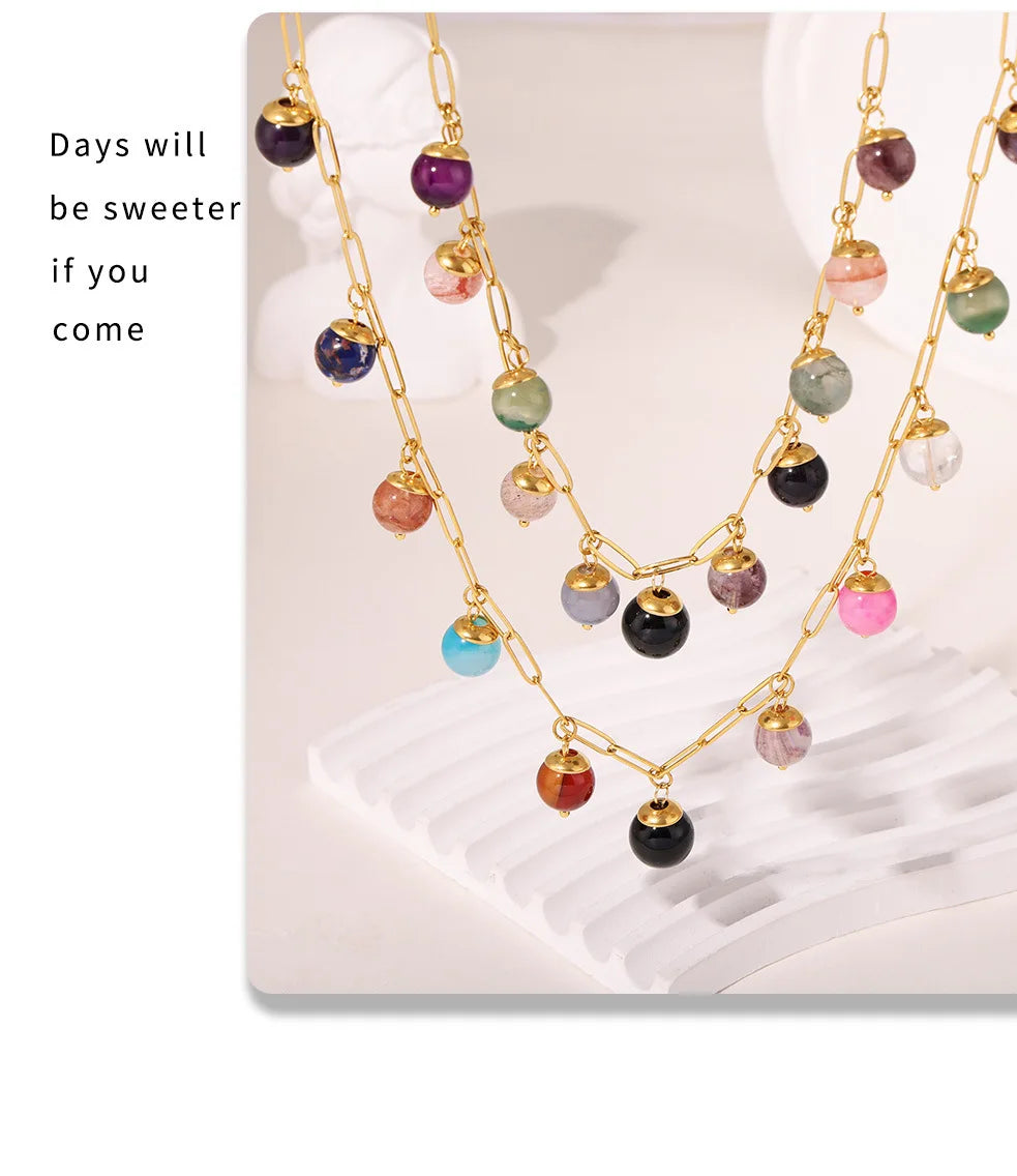 eye-catcher Round Nature Stones Necklace For Women Stainless Steel Chain Gold Plated Fashion Charm Jewelry Gift