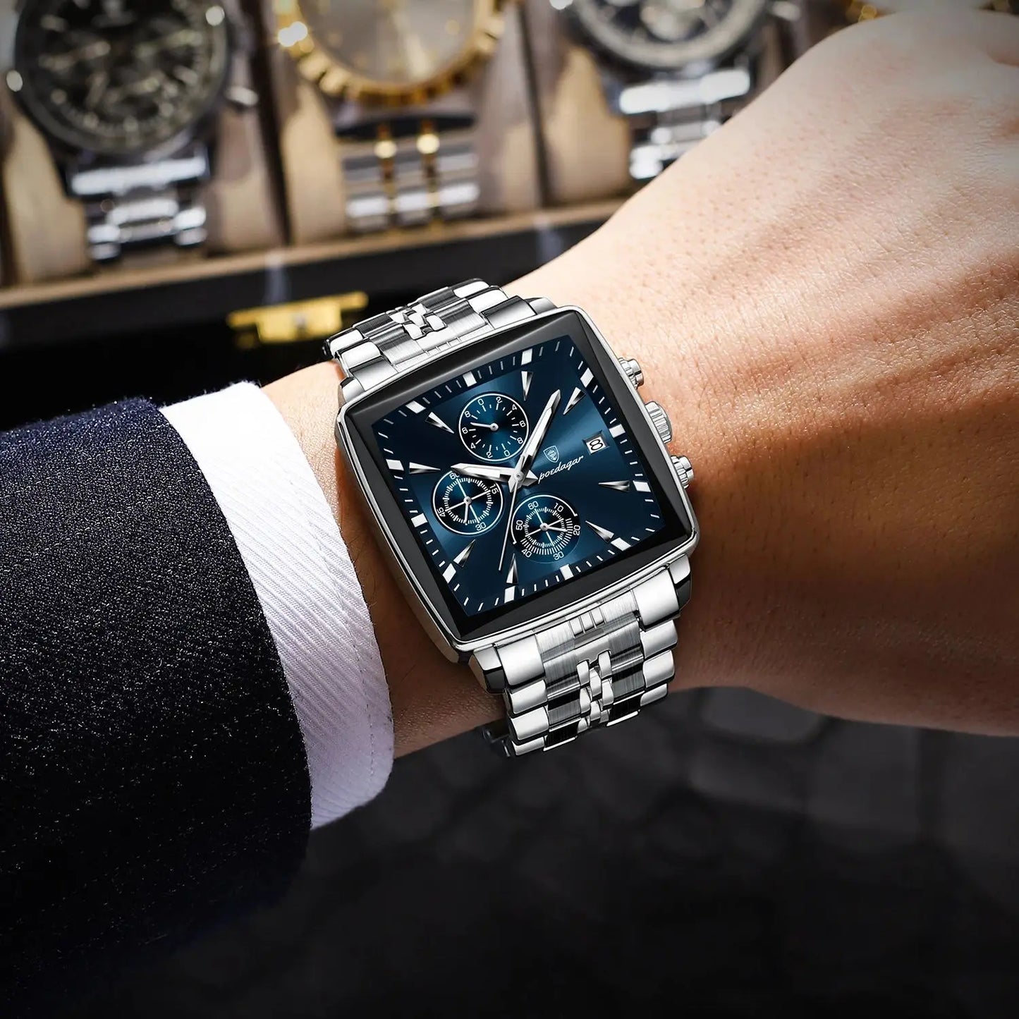 POEDAGAR Square Men’s Watch, Waterproof – Premium Stainless Steel Chronograph with Luminous Display Casual Wrist Watch. Gift for all.