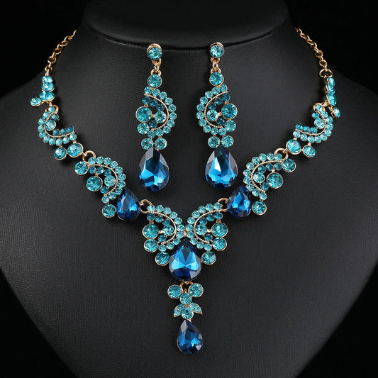 Women's 2pcs Rhinestone Waterdrop Jewelry Set – Blue Red Green White Champagne Pendant Necklace and Earrings for Bride or Special Occasions - Elegant Gift For Her