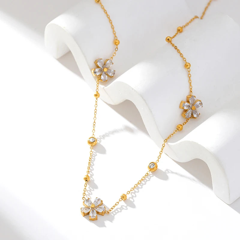 EILIECK 316L Stainless Steel White Zirconia Flower Petal Necklace Bracelet Earrings Set For Women New Trendy Jewelry Party Gift