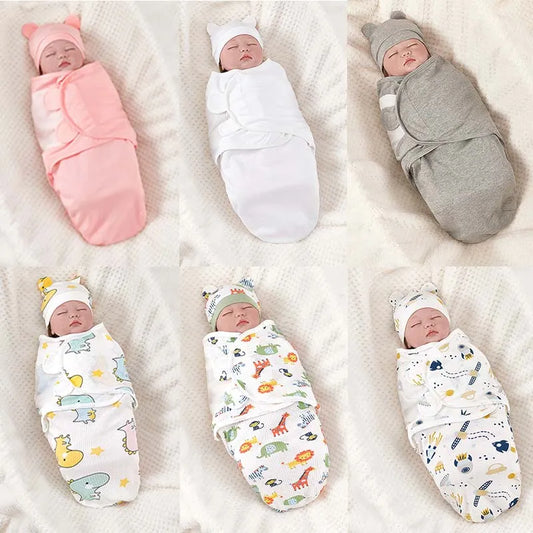 Adjustable Cotton Baby Swaddle Wrap for Newborns - Warm, Soft Blanket Anti-kick Sleepsack Hat Set for Newborns - Excellent gift for Family with Newborn