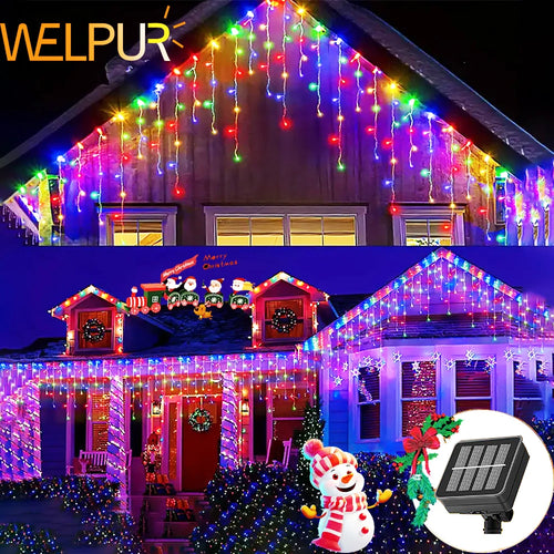 Christmas Decoration 3.5M/7.5M Solar Curtain Icicle Light - Waterproof Outdoor Eaves Decor String Lights for Partties Weddings Home Garden - Ideal Christmas Gift