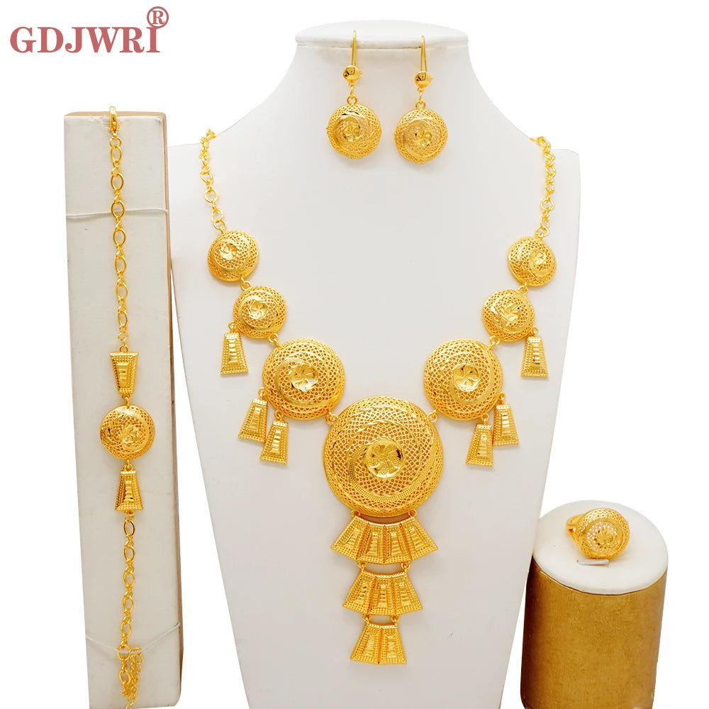 African Indian Gold Jewelry Set for Women – Dubai Style Bridal Tassel Long Necklace, Earrings, Ring & Bangle - Ideal Gift for Her