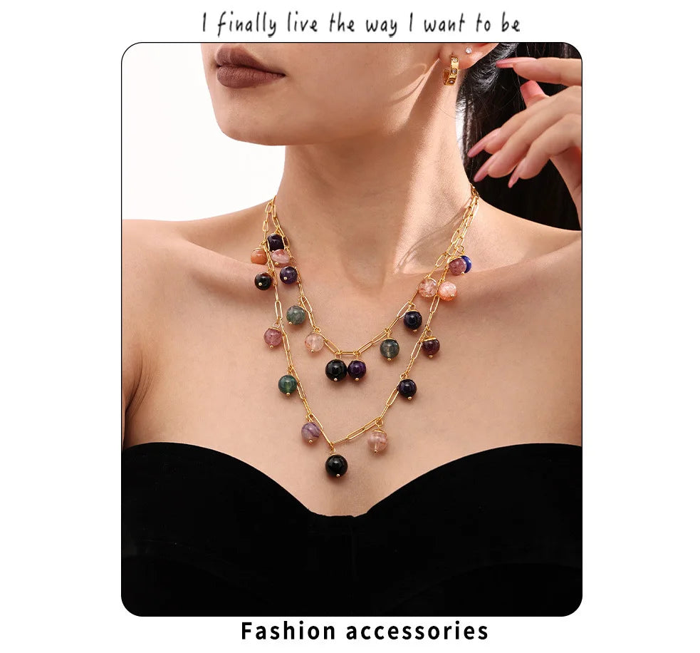 eye-catcher Round Nature Stones Necklace For Women Stainless Steel Chain Gold Plated Fashion Charm Jewelry Gift