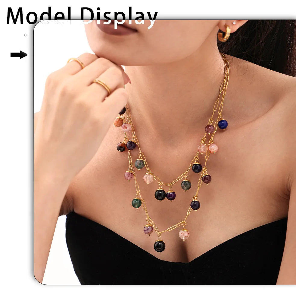 eye-catcher Round Nature Stones Necklace For Women Stainless Steel Chain Gold Plated Fashion Charm Jewelry Gift