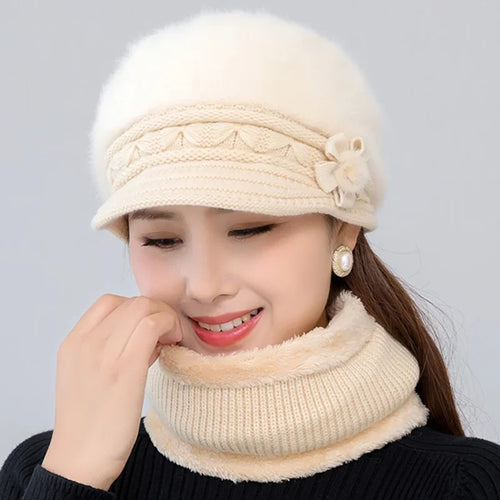 Stylish Women's Winter Hat with Fur Lining and Scarf Set:  Casual Rabbit Fur Knitted Hat,  Cozy Headwear & Neckerchief for Winter - Warm Gift for Women